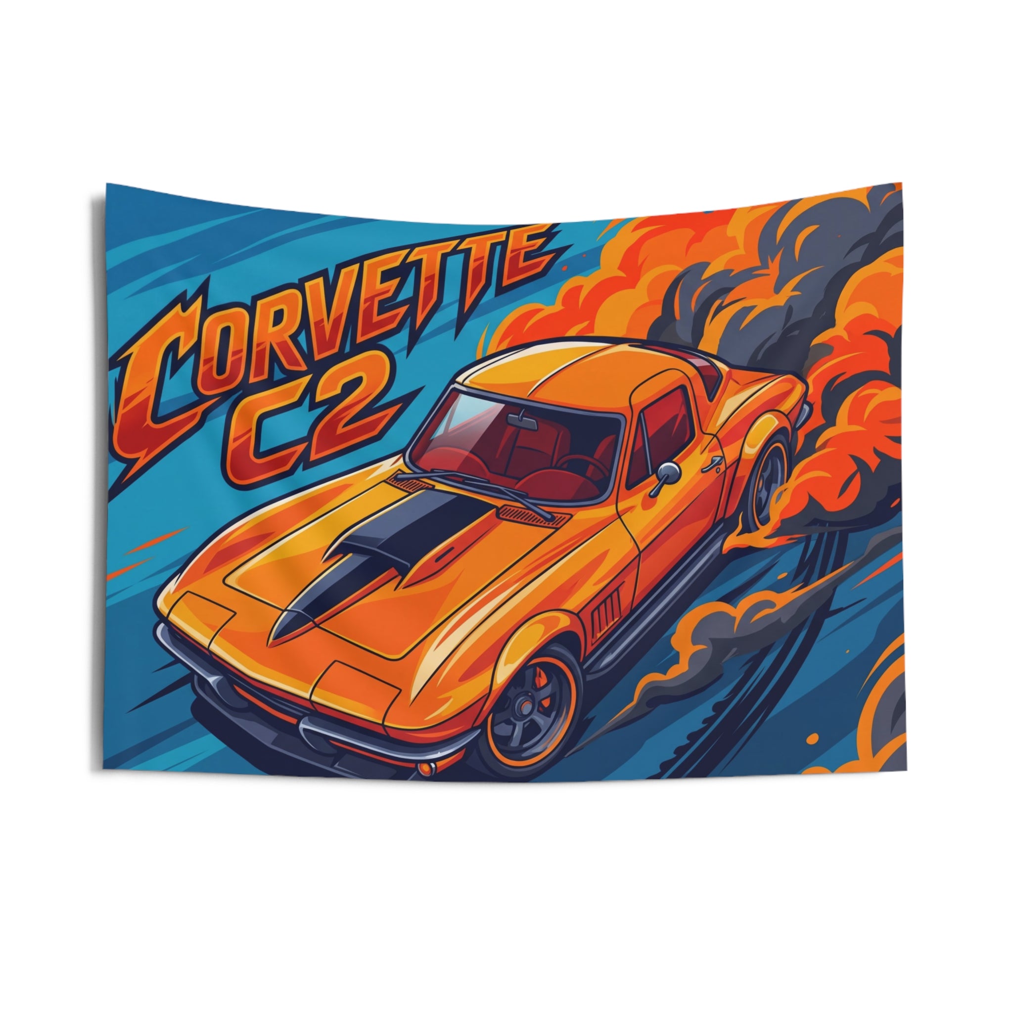 Chevrolet Corvette C2 Stingray Orange Black Stripe Red Interior Aerial Bold Graphic Car Wall Art Tapestry