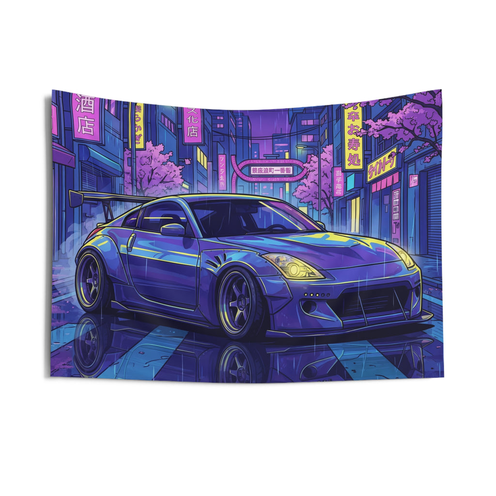 Nissan 350Z Widebody Neon Tokyo Night Rain JDM Car Wall Art Tapestry