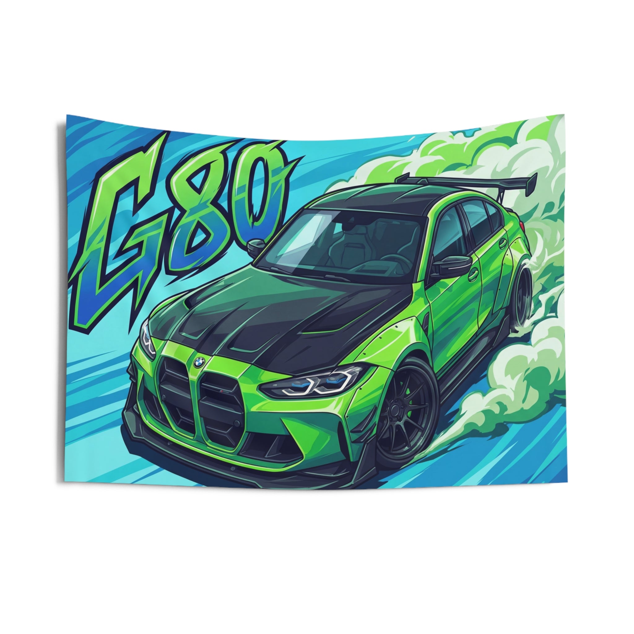 BMW M3 G80 Lime Green Black Bonnet Graffiti Style Aerial Bold Graphic Car Wall Art Tapestry