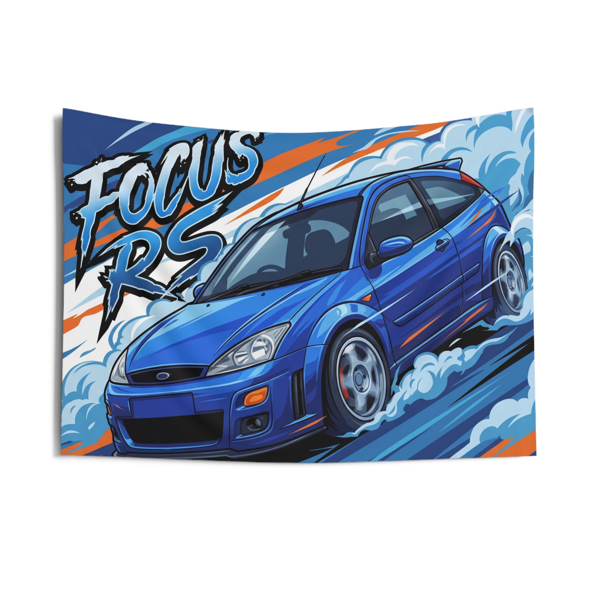 Ford Focus RS MK1 Imperial Blue Three-Door Aerial Bold Graphic Car Wall Art Tapestry