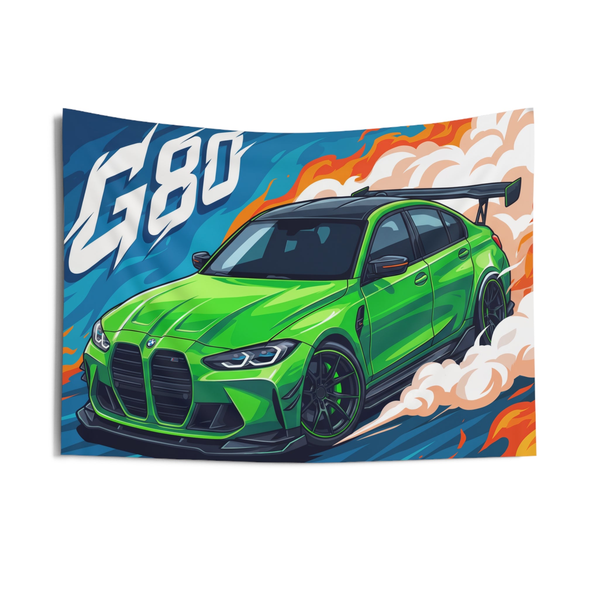 BMW M3 G80 Green GT Wing Carbon Splitter Aerial Bold Graphic Car Wall Art Tapestry