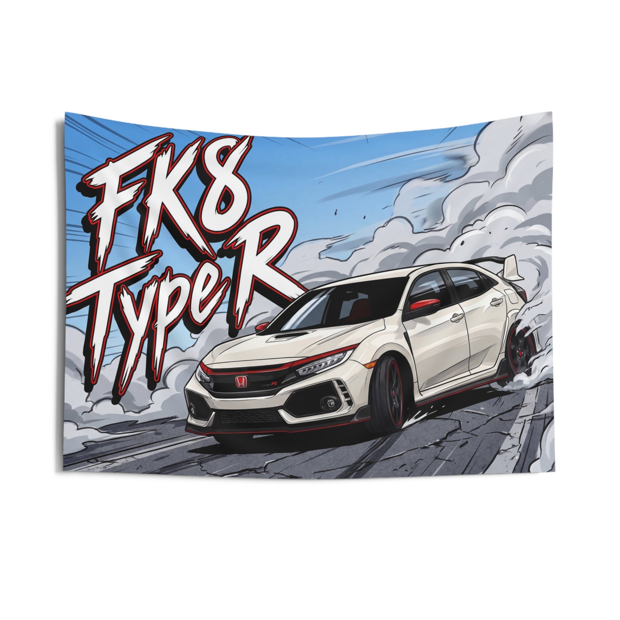 Honda Civic Type R FK8 White Red Trim Dark Wheels Rear Wing Street Bold Graphic Car Wall Art Tapestry