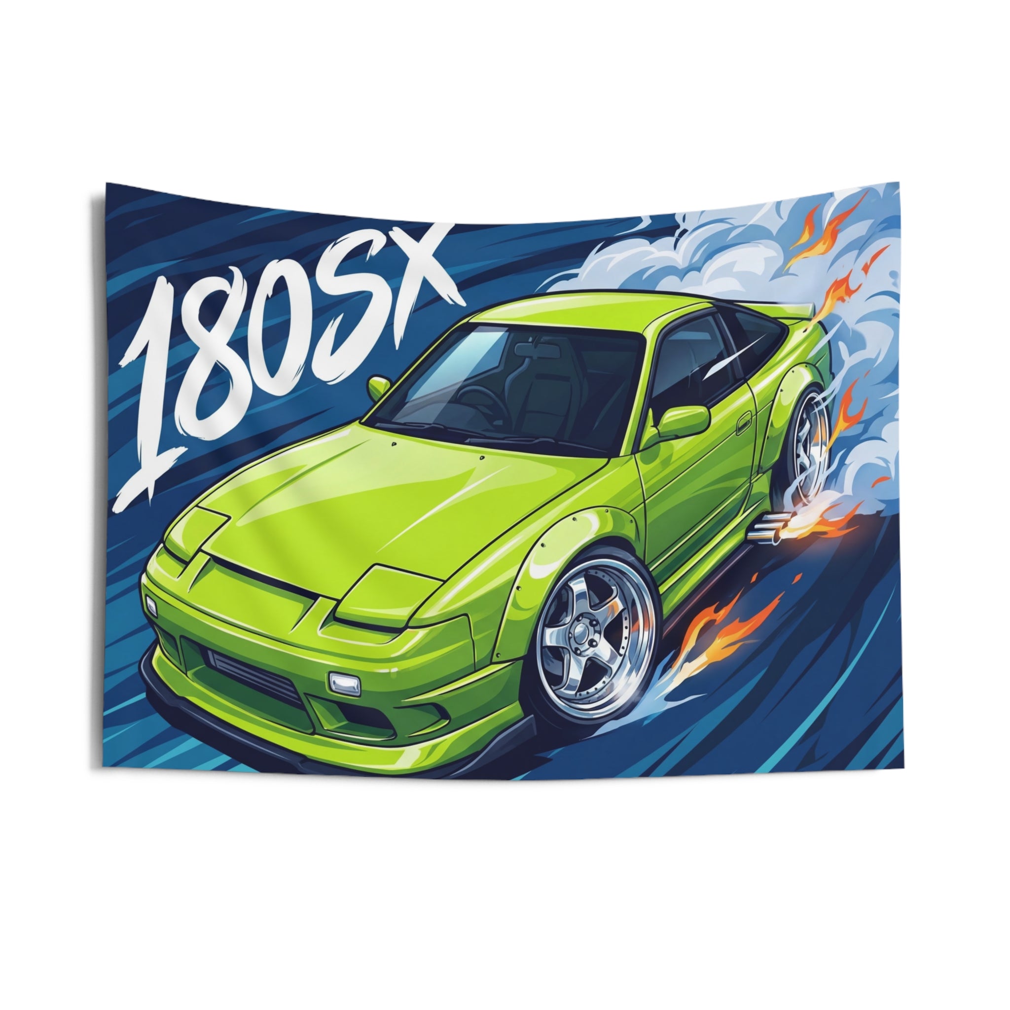 Nissan 180SX Lime Green Type X Chrome Wheels Aerial Bold Graphic Car Wall Art Tapestry
