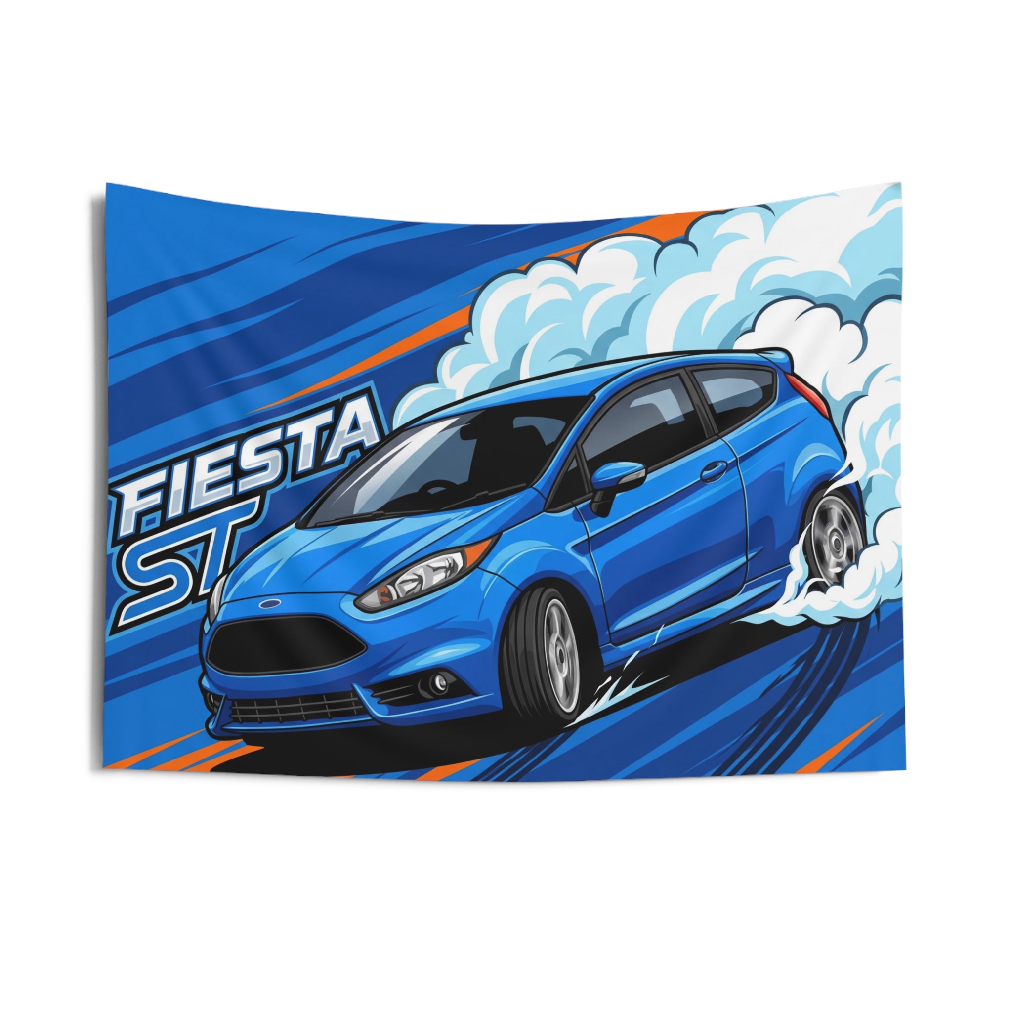 Ford Fiesta ST MK7 Blue Three-Door Low Front Angle Bold Graphic Car Wall Art Tapestry