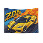 Chevrolet Corvette C8 Z06 Yellow Black Stripe Dark Wheels Aerial Bold Graphic Car Wall Art Tapestry