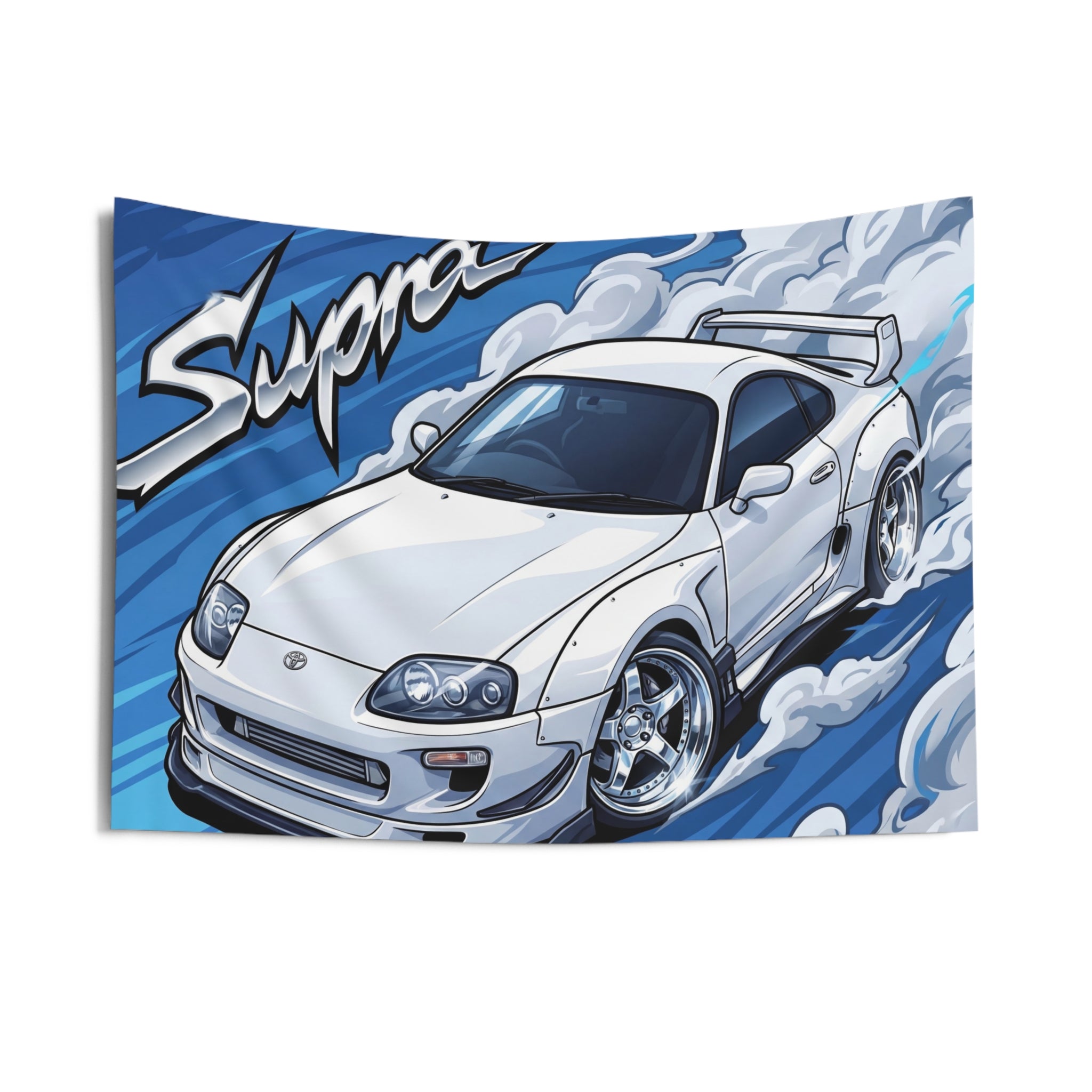 Toyota Supra MK4 A80 White Pearl Factory Wing Chrome Wheels Aerial Bold Graphic Car Wall Art Tapestry