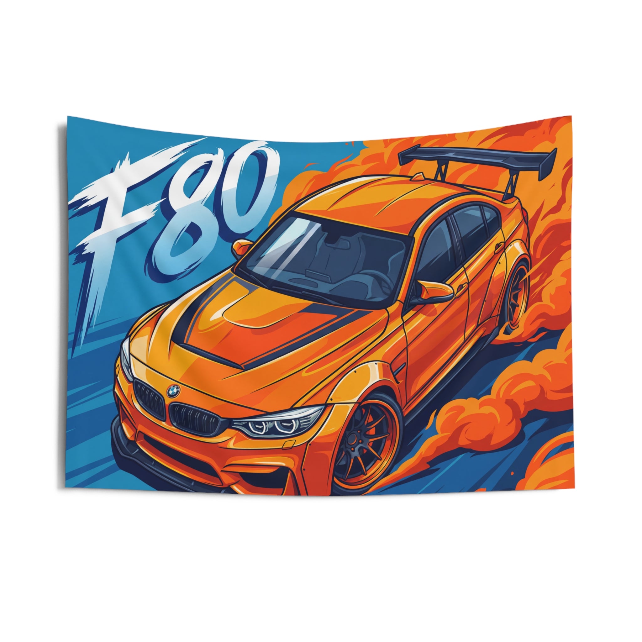 BMW M3 F80 Orange GT Wing Widebody Aerial Bold Graphic Car Wall Art Tapestry