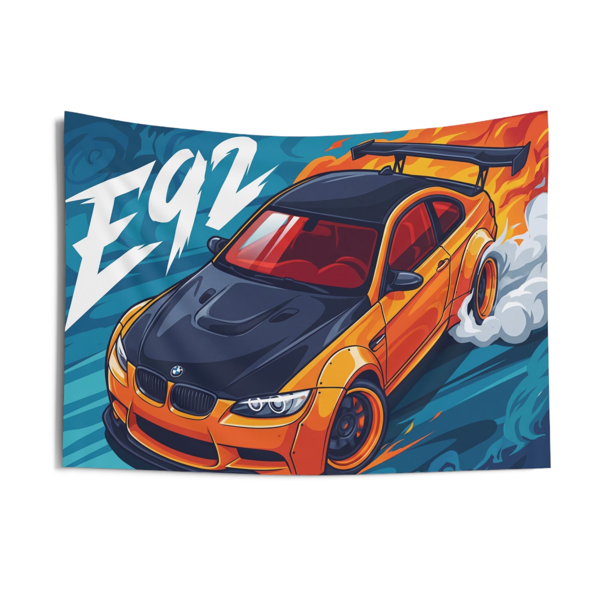 BMW M3 E92 Orange Black Bonnet GT Wing Widebody Aerial Bold Graphic Car Wall Art Tapestry