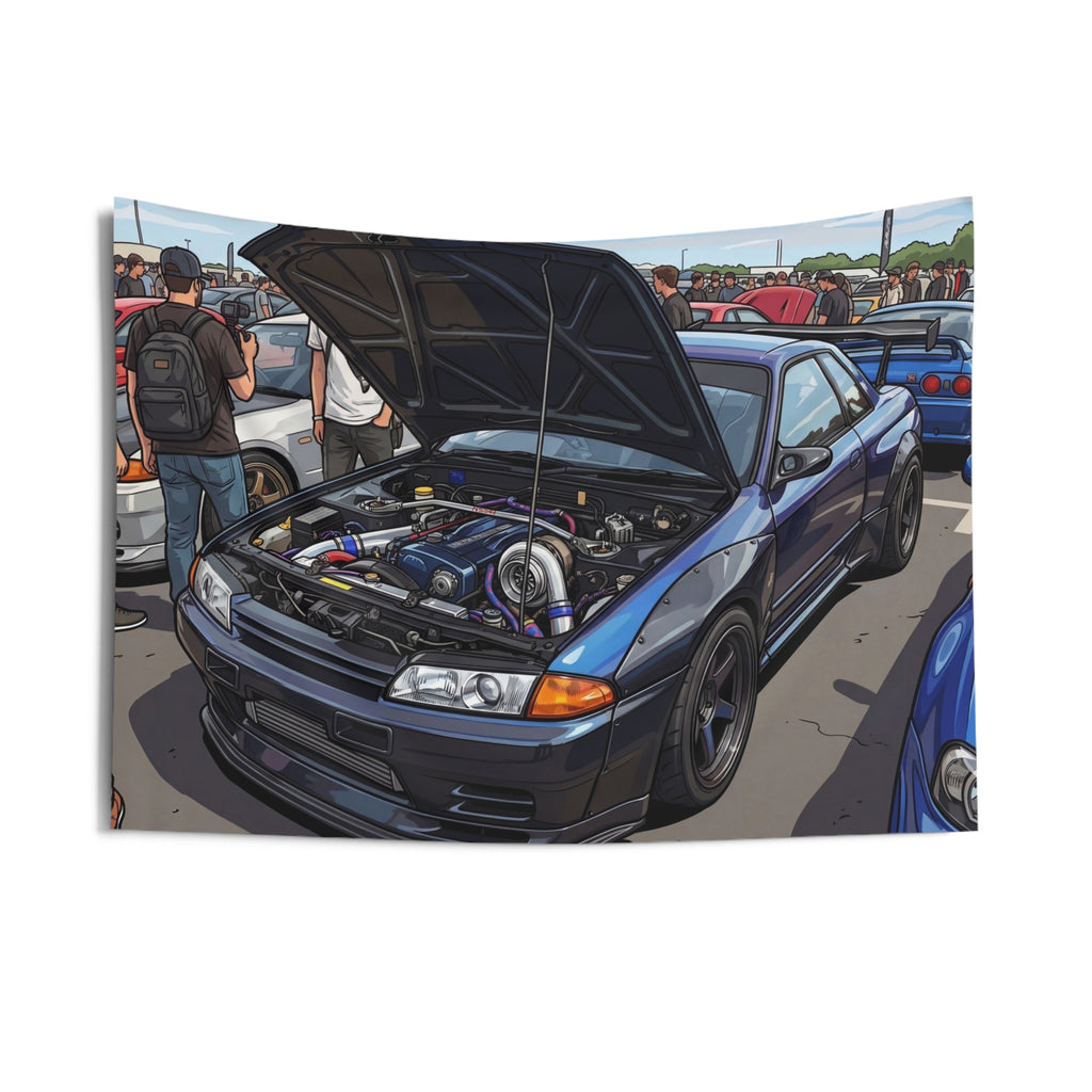 Nissan Skyline GT-R R32 RB26 Turbo Engine Bay JDM Car Meet Wall Art Tapestry