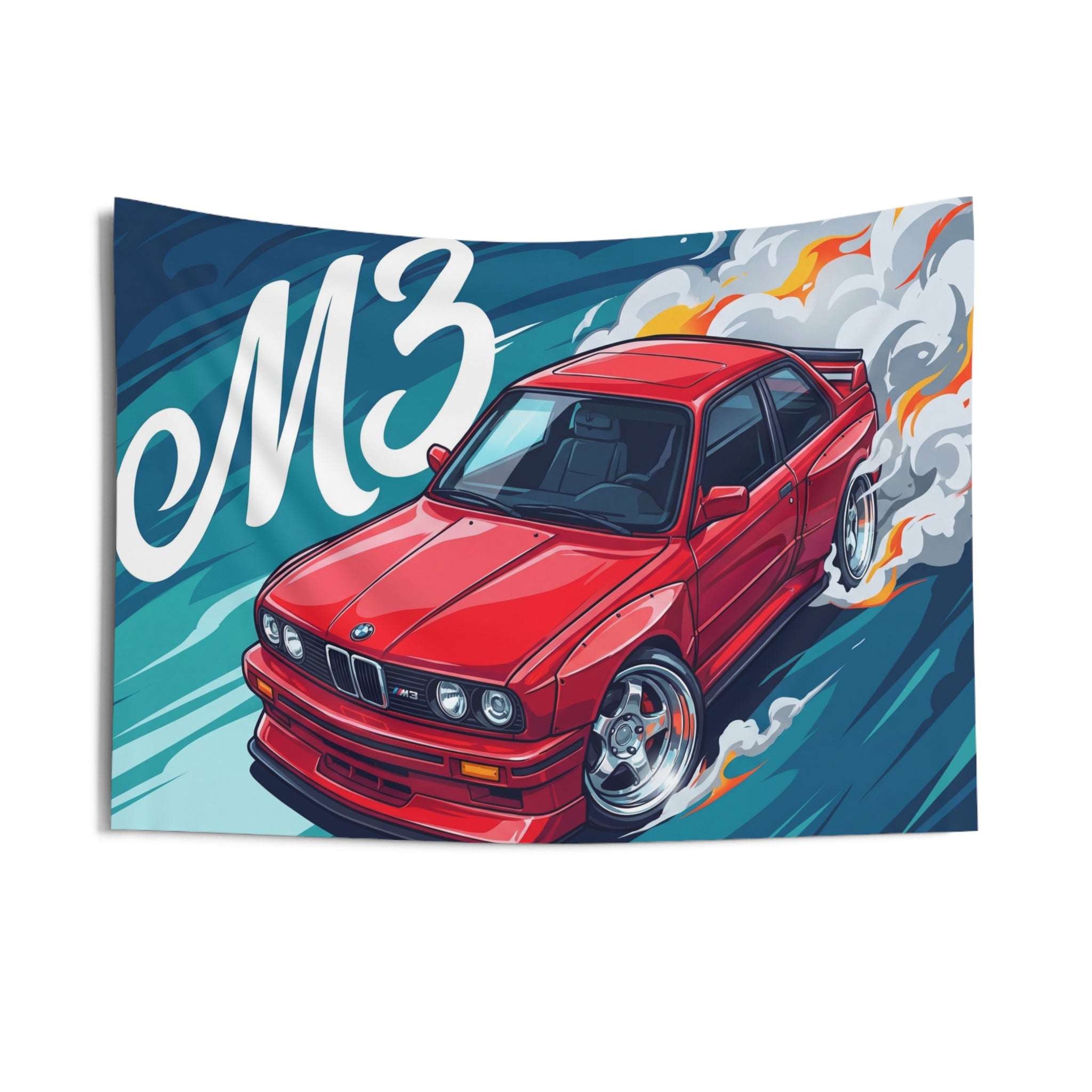 BMW M3 E30 Red Chrome Wheels Aerial Bold Graphic Car Wall Art Tapestry