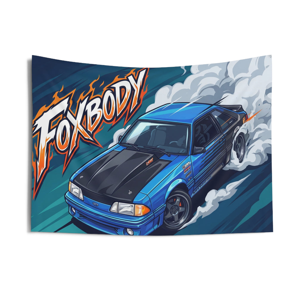 Ford Mustang Foxbody Blue Black Bonnet Drag Build Aerial Bold Graphic Car Wall Art Tapestry