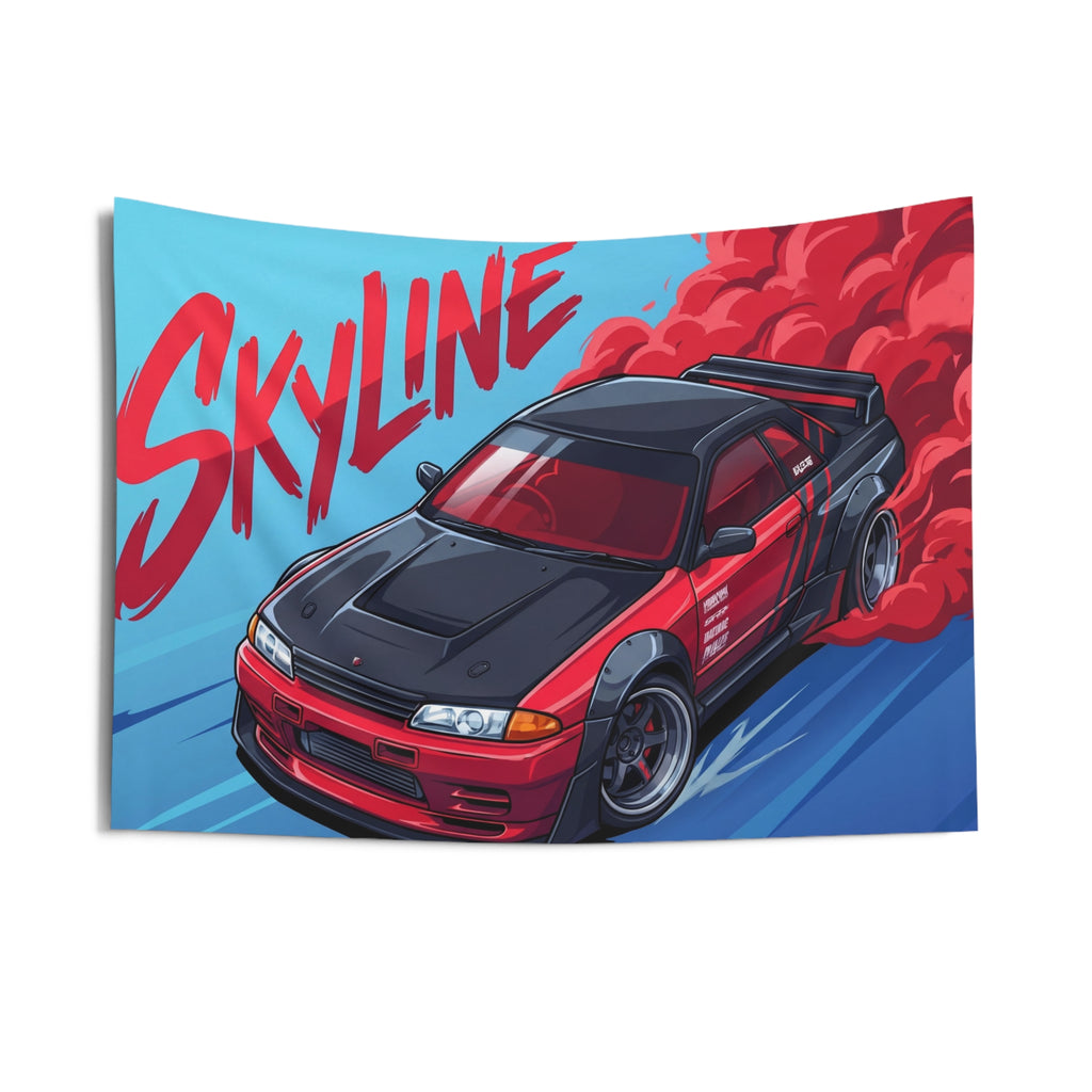 Nissan Skyline GT-R R32 Red Widebody Aerial Bold Graphic Car Wall Art Tapestry