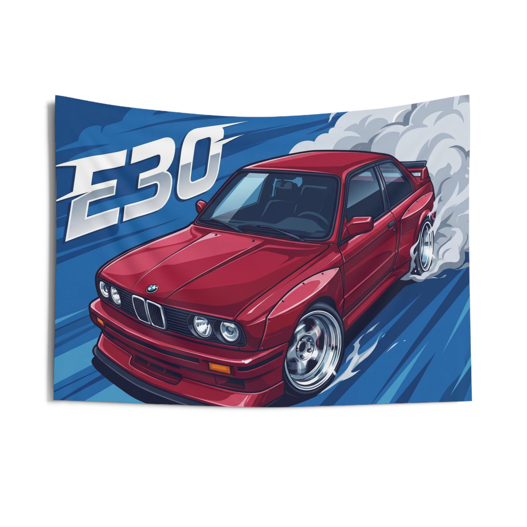 BMW 3 Series E30 Crimson Red Chrome Dish Wheels Aerial Bold Graphic Car Wall Art Tapestry