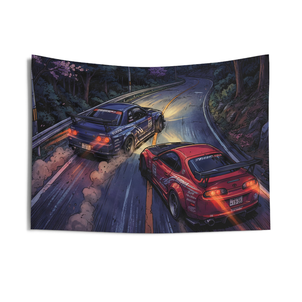 Nissan Skyline GT-R R34 & Toyota Supra MK4 JDM Touge Car Wall Art Tapestry