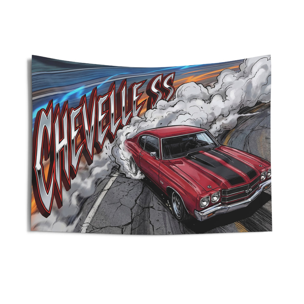 Chevrolet Chevelle SS 1970 Red Black Stripe Chrome Wheels Burnout Bold Graphic Car Wall Art Tapestry