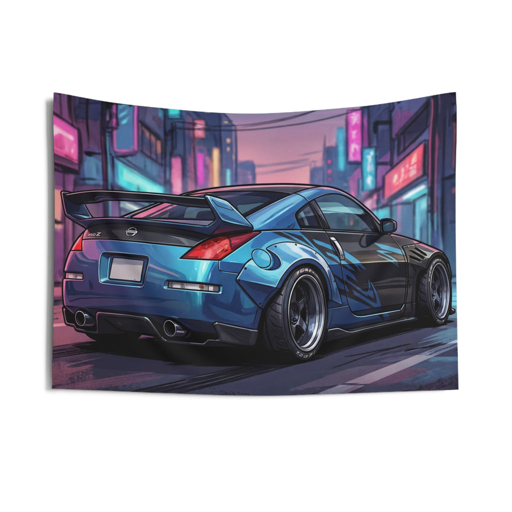Nissan 350Z Widebody Rear View Neon Japanese Street Car Wall Art Tapestry