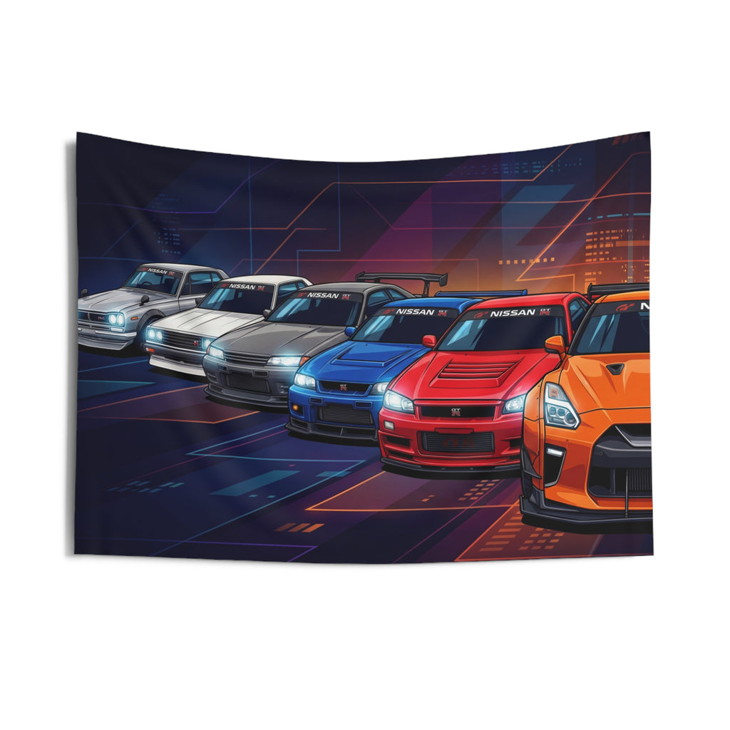 Nissan GT-R Generations Neon Car Wall Art Tapestry