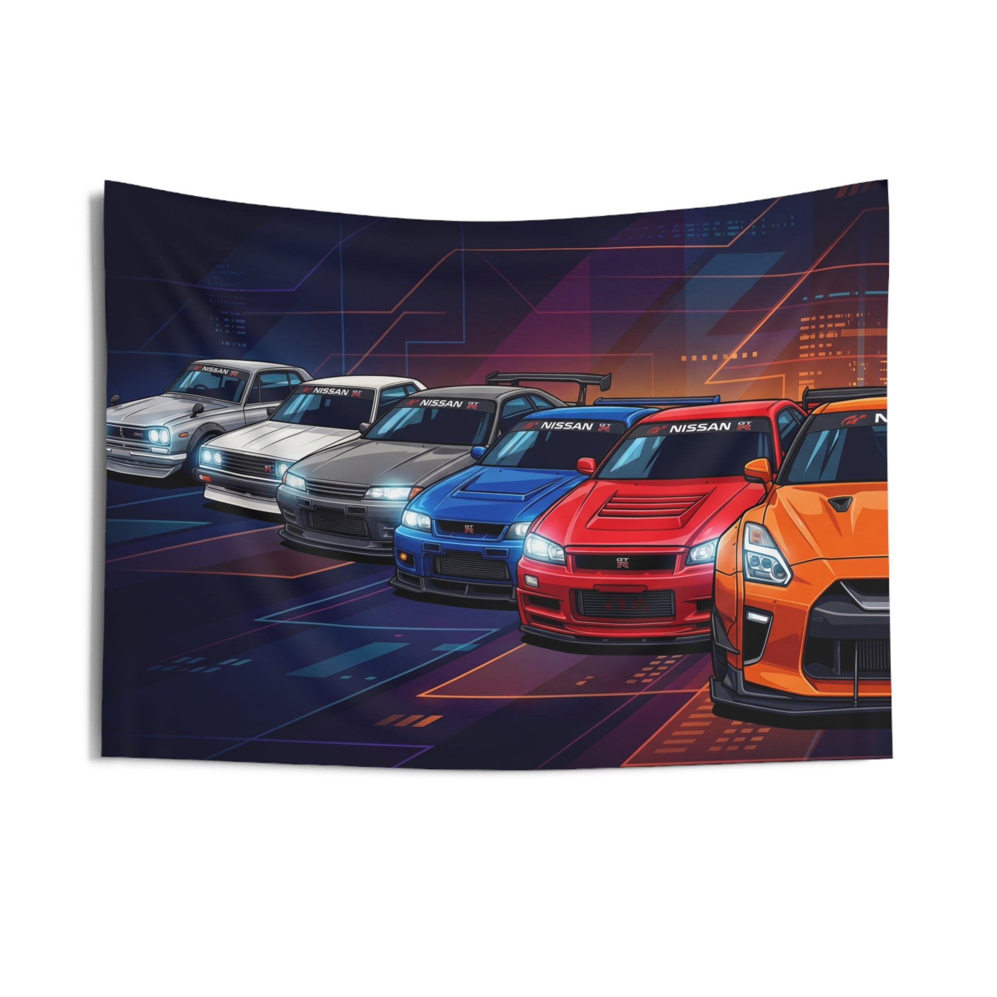 Nissan GT-R Generations Neon Car Wall Art Tapestry