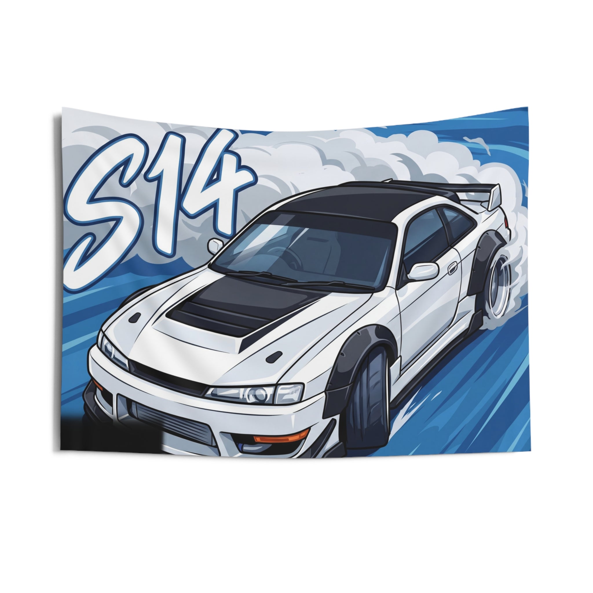 Nissan Silvia S14 White Kouki Black Bonnet Widebody Bold Graphic Car Wall Art Tapestry