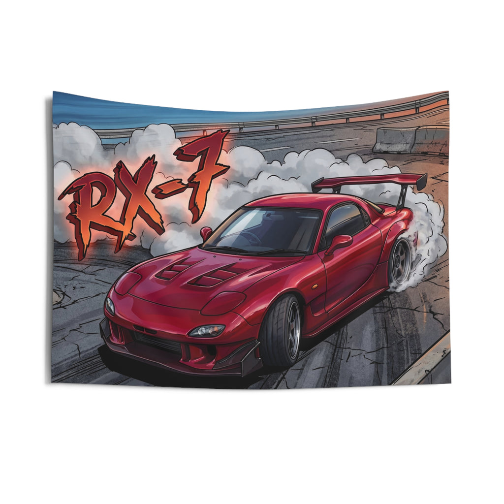 Mazda RX-7 FD3S Maroon Red GT Wing Dark Wheels Vented Bonnet Street Burnout Bold Graphic Car Wall Art Tapestry