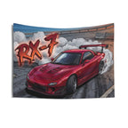 Mazda RX-7 FD3S Maroon Red GT Wing Dark Wheels Vented Bonnet Street Burnout Bold Graphic Car Wall Art Tapestry
