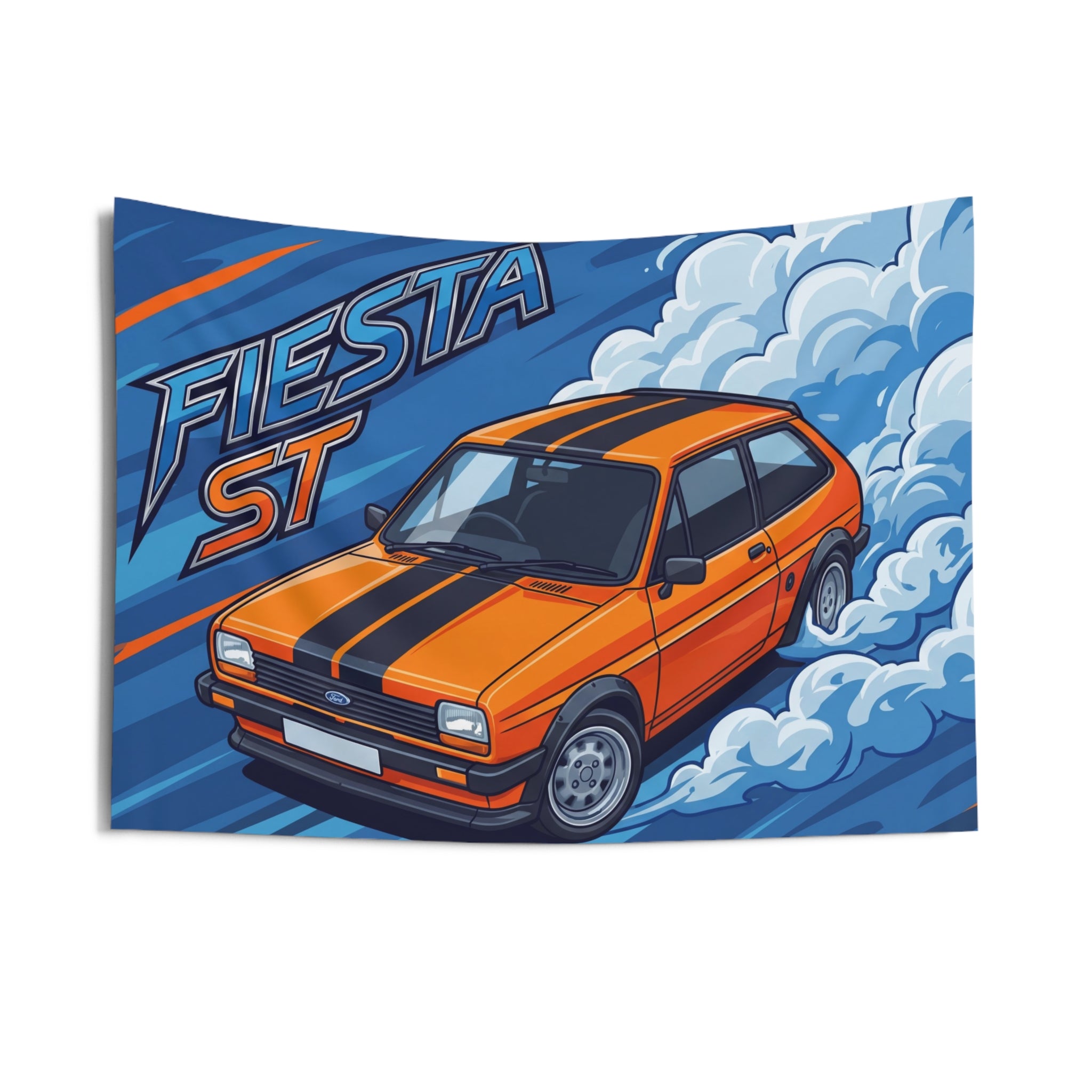 Ford Fiesta MK2 Orange Black Stripe Classic Aerial Bold Graphic Car Wall Art Tapestry