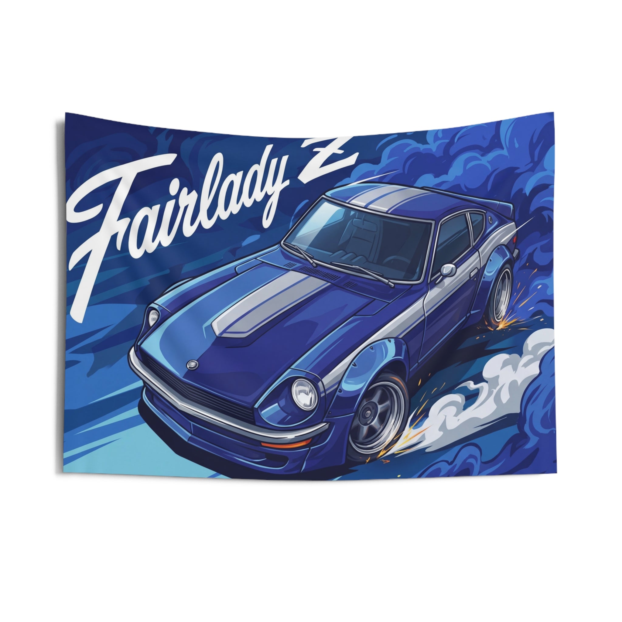 Datsun Fairlady Z S30 Blue Silver Stripe Aerial Bold Graphic Car Wall Art Tapestry