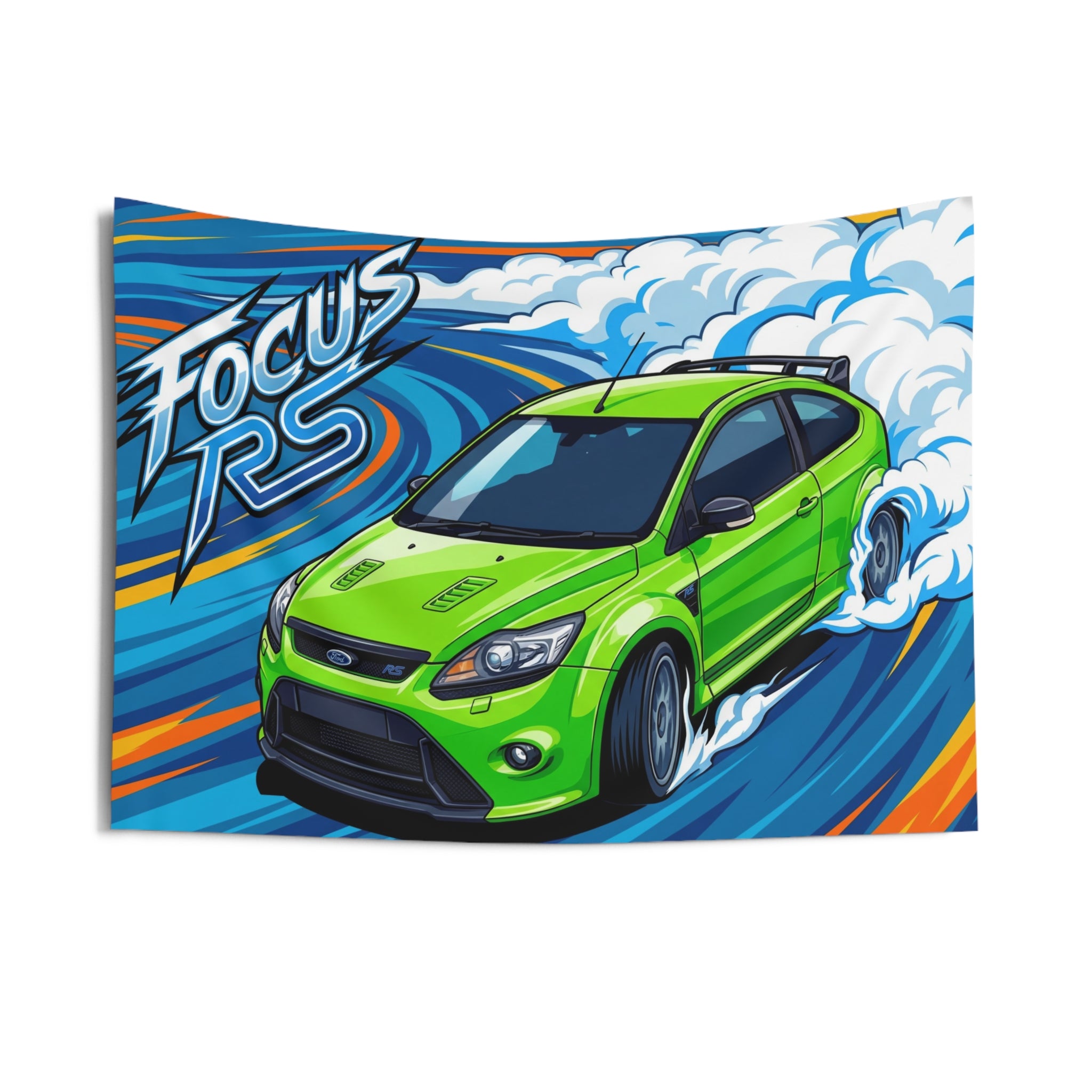 Ford Focus RS MK2 Ultimate Green Three-Door Aerial Bold Graphic Car Wall Art Tapestry