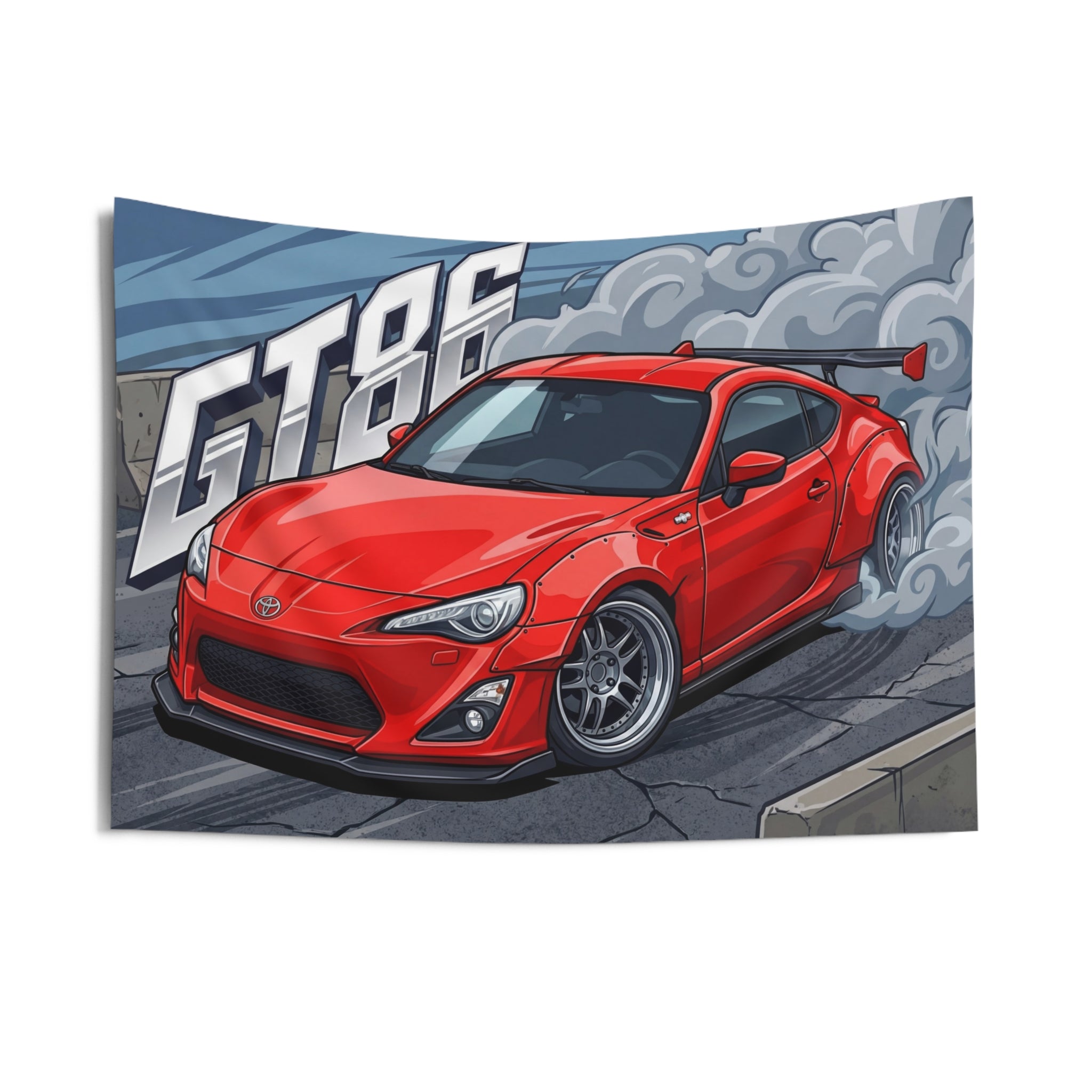 Toyota GT86 Red GT Wing Silver Wheels Low Front Street Bold Graphic Car Wall Art Tapestry