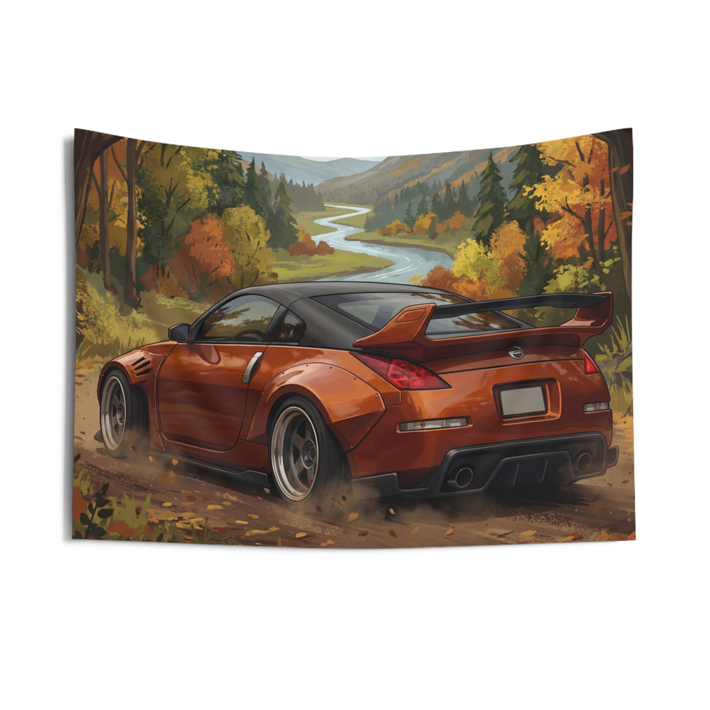 Nissan 350Z Widebody Autumn Mountain Valley Scenic Car Wall Art Tapestry
