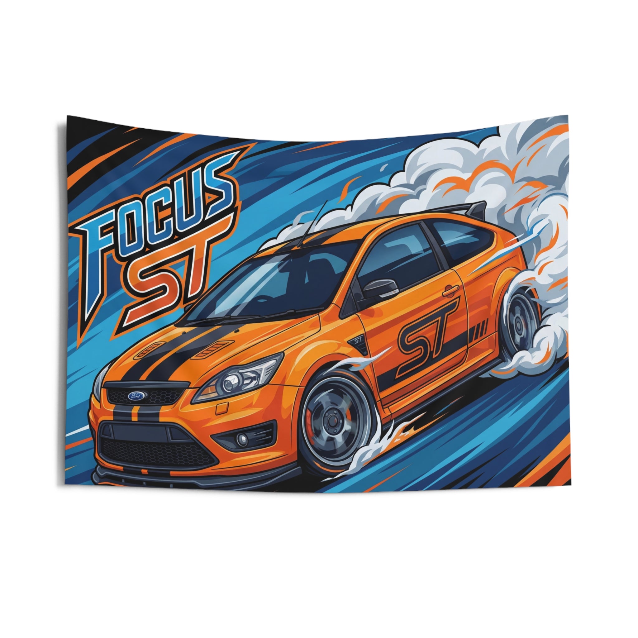 Ford Focus ST MK2 Orange Black Stripe Three-Door Bold Graphic Car Wall Art Tapestry