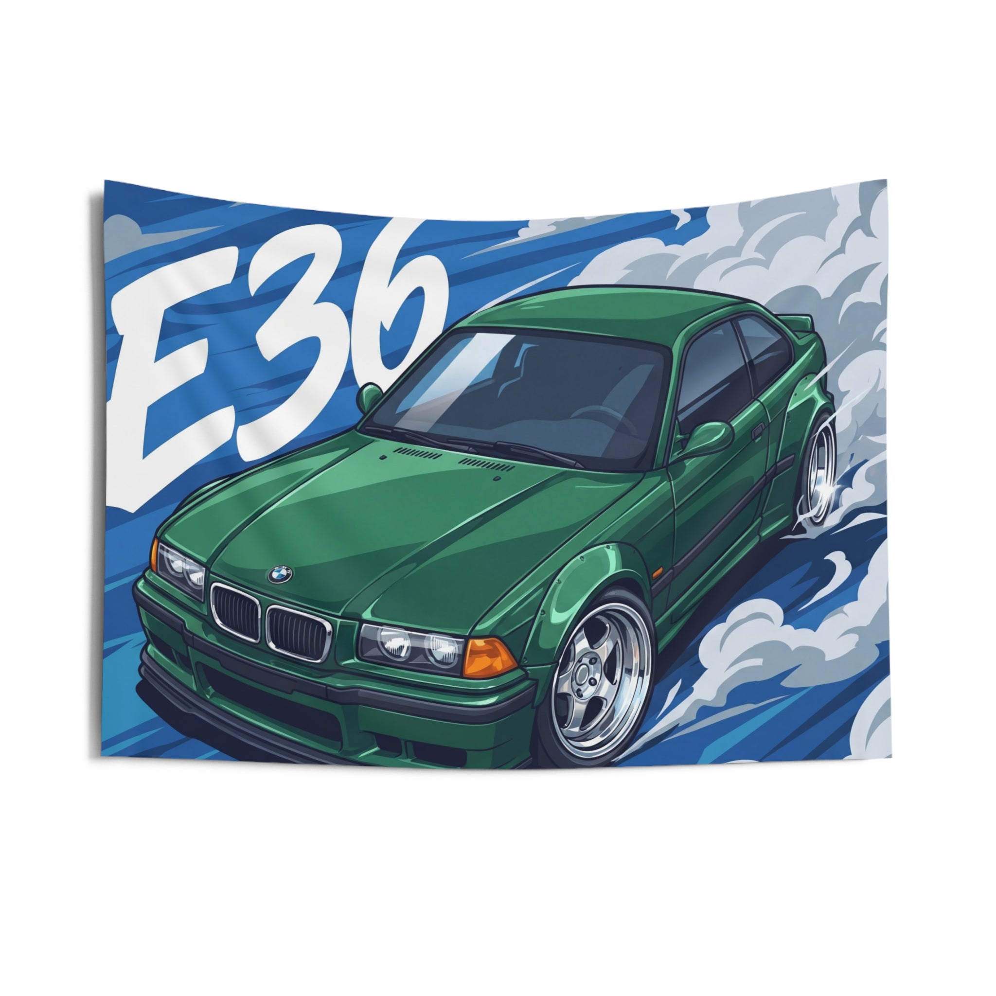 BMW 3 Series E36 British Racing Green M-Sport Aerial Bold Graphic Car Wall Art Tapestry