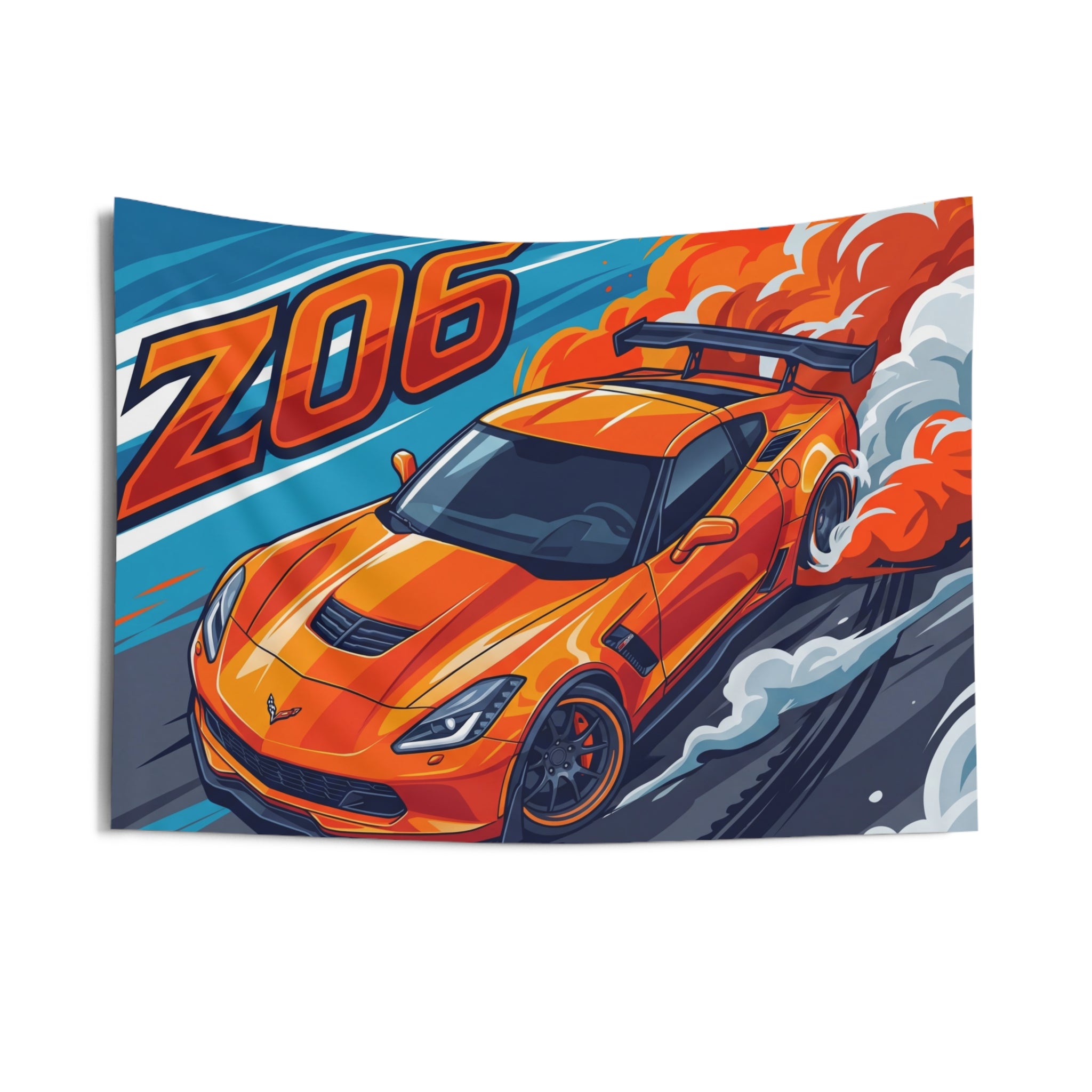 Chevrolet Corvette C7 Z06 Orange GT Wing Dark Wheels Aerial Bold Graphic Car Wall Art Tapestry