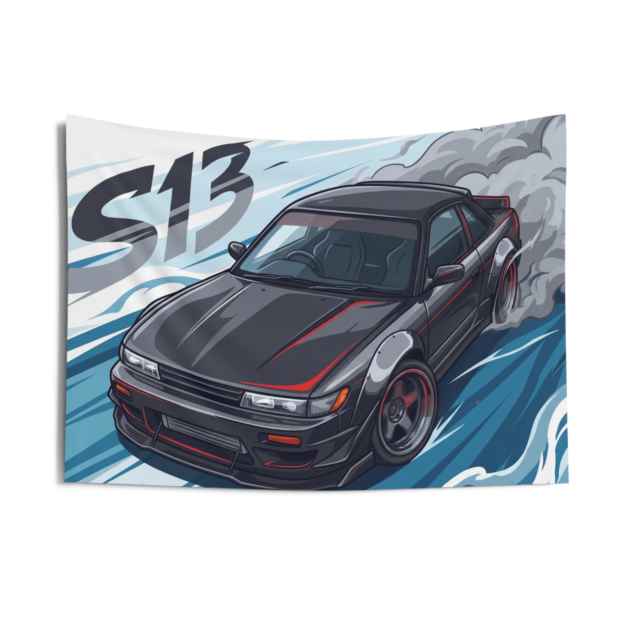 Nissan Silvia S13 Dark Grey Red Pinstripe Aerial Bold Graphic Car Wall Art Tapestry