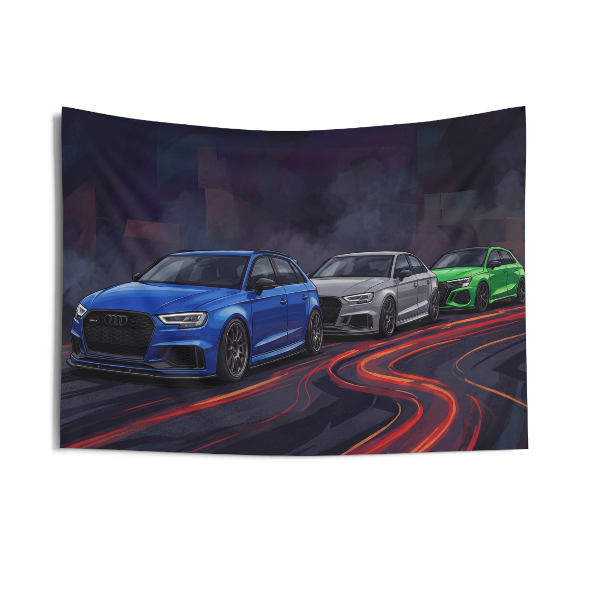 Audi RS 3 Trio Neon Light Trail Night Scene Car Wall Art Tapestry