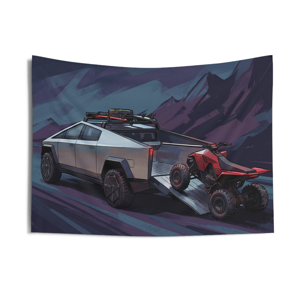 Tesla Cybertruck & Cyberquad ATV Mountain Adventure Car Wall Art Tapestry