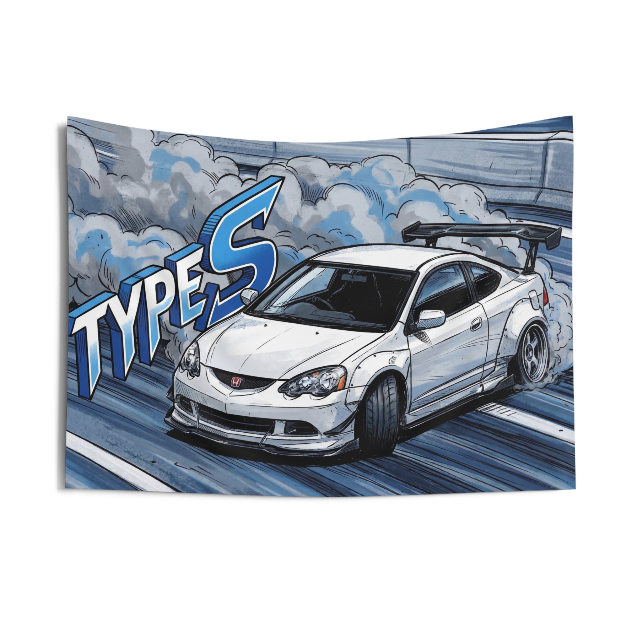 Honda Integra DC5 Type S White GT Wing Dark Wheels Low Front Track Bold Graphic Car Wall Art Tapestry