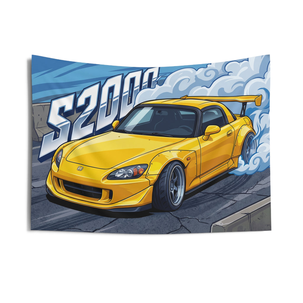 Honda S2000 AP2 Yellow GT Wing Dark Wheels Low Front Street Bold Graphic Car Wall Art Tapestry