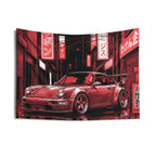 Retro Red Porsche 911 Wall Tapestry Neon JDM Street Car Art