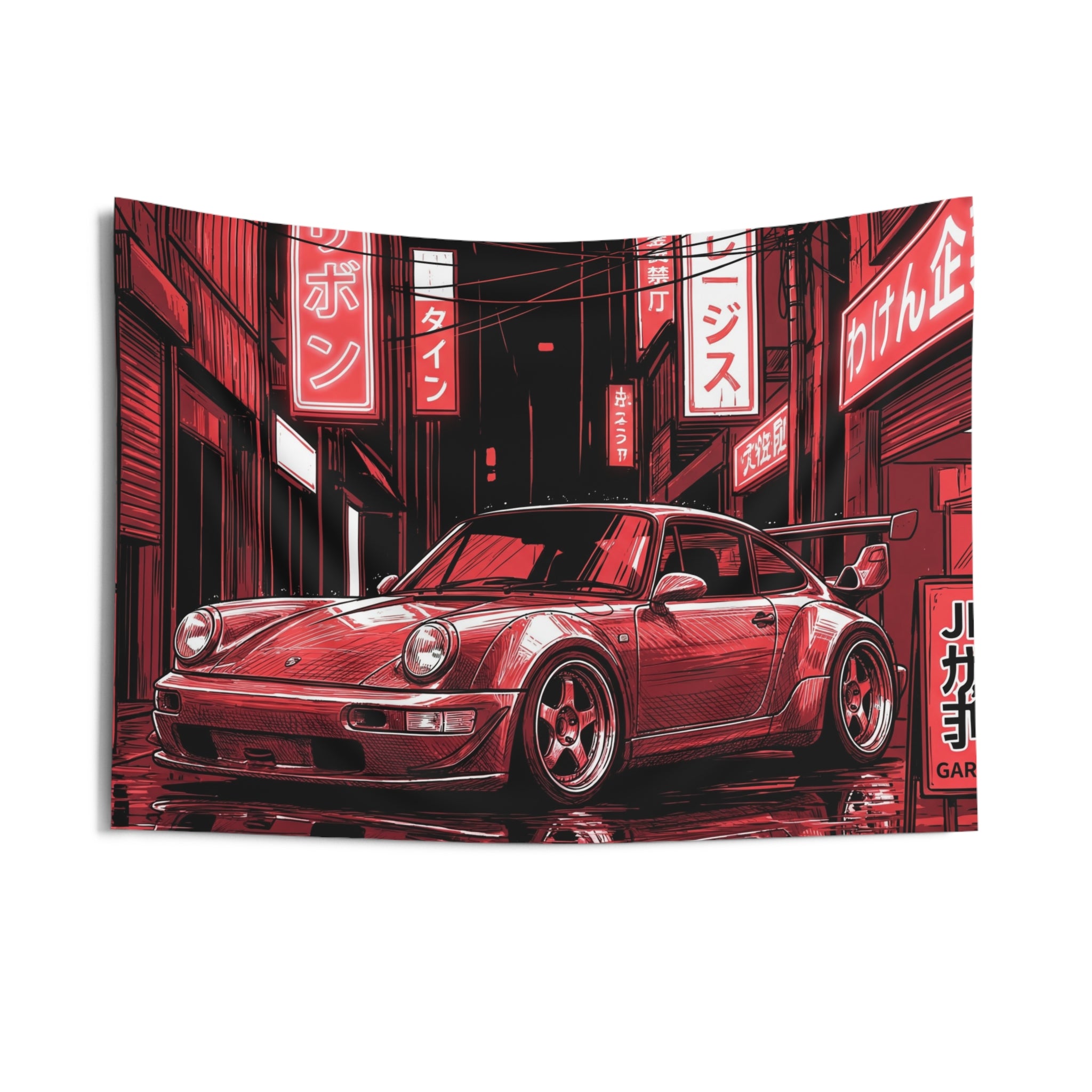 Retro Red Porsche 911 Wall Tapestry Neon JDM Street Car Art