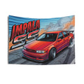 Chevrolet Impala SS 1996 Red GT Wing Dark Wheels Burnout Street Bold Graphic Car Wall Art Tapestry