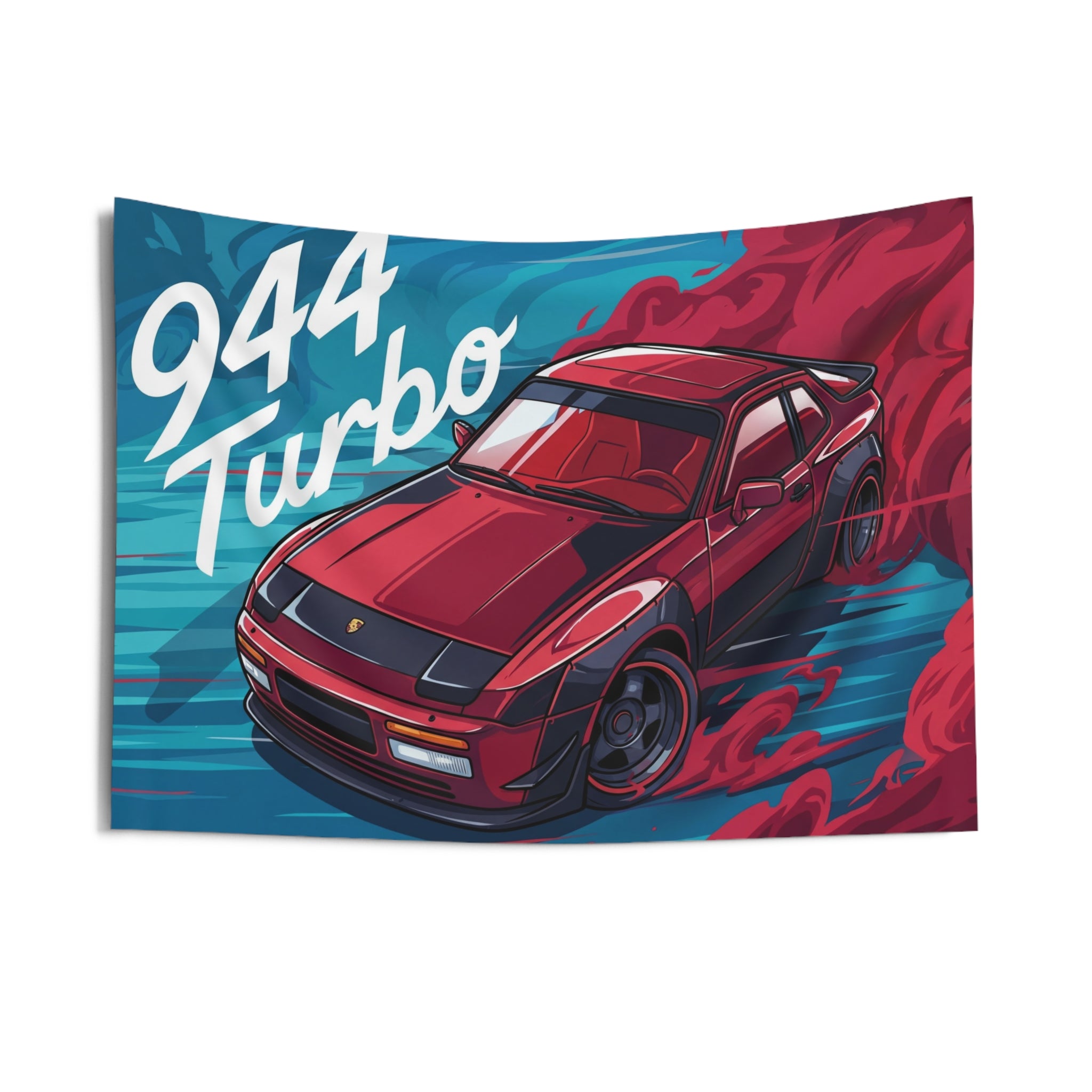 Porsche 944 Turbo Red Widebody Aerial Bold Graphic Car Wall Art Tapestry