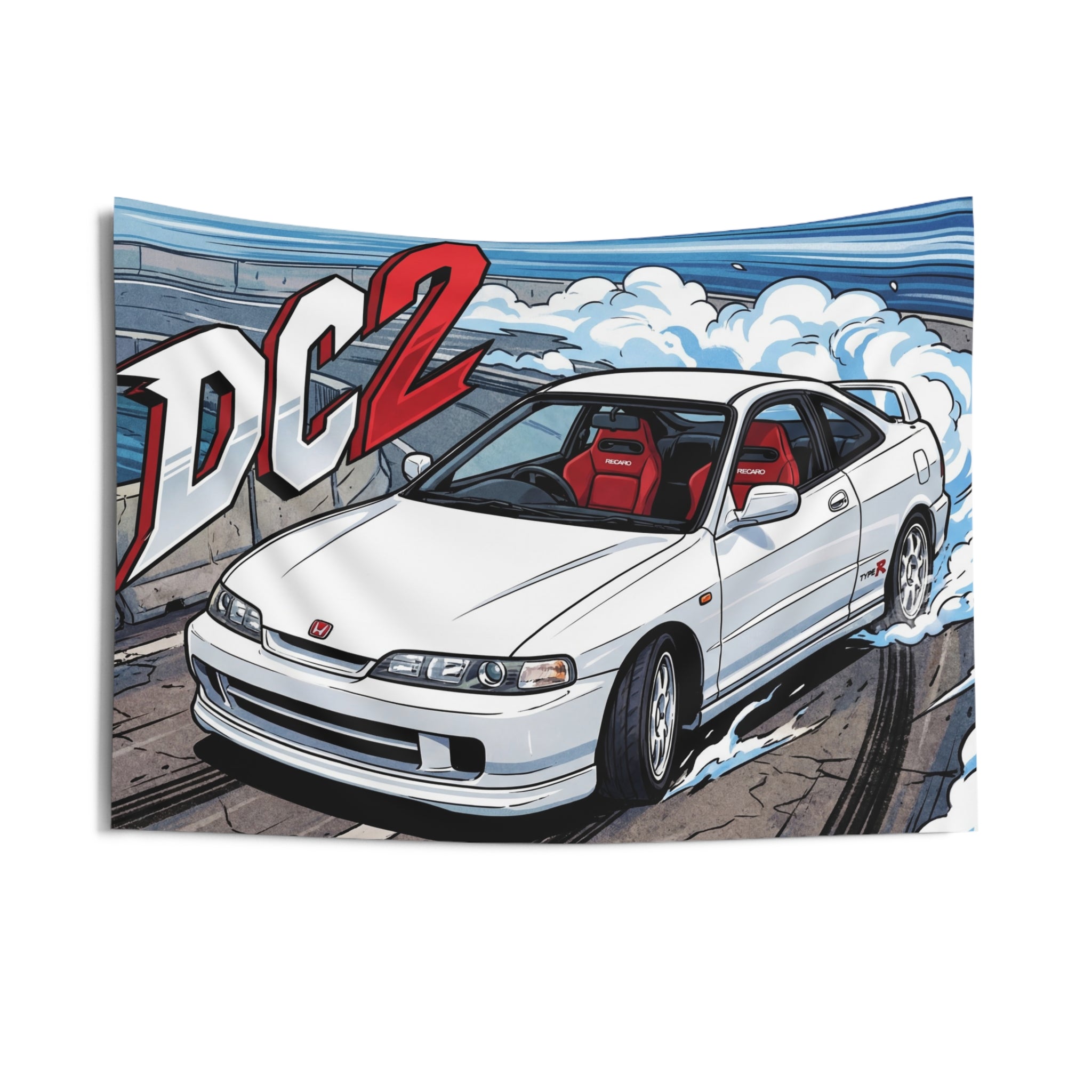 Honda Integra Type R DC2 White Red Recaro Interior Silver Wheels Street Bold Graphic Car Wall Art Tapestry