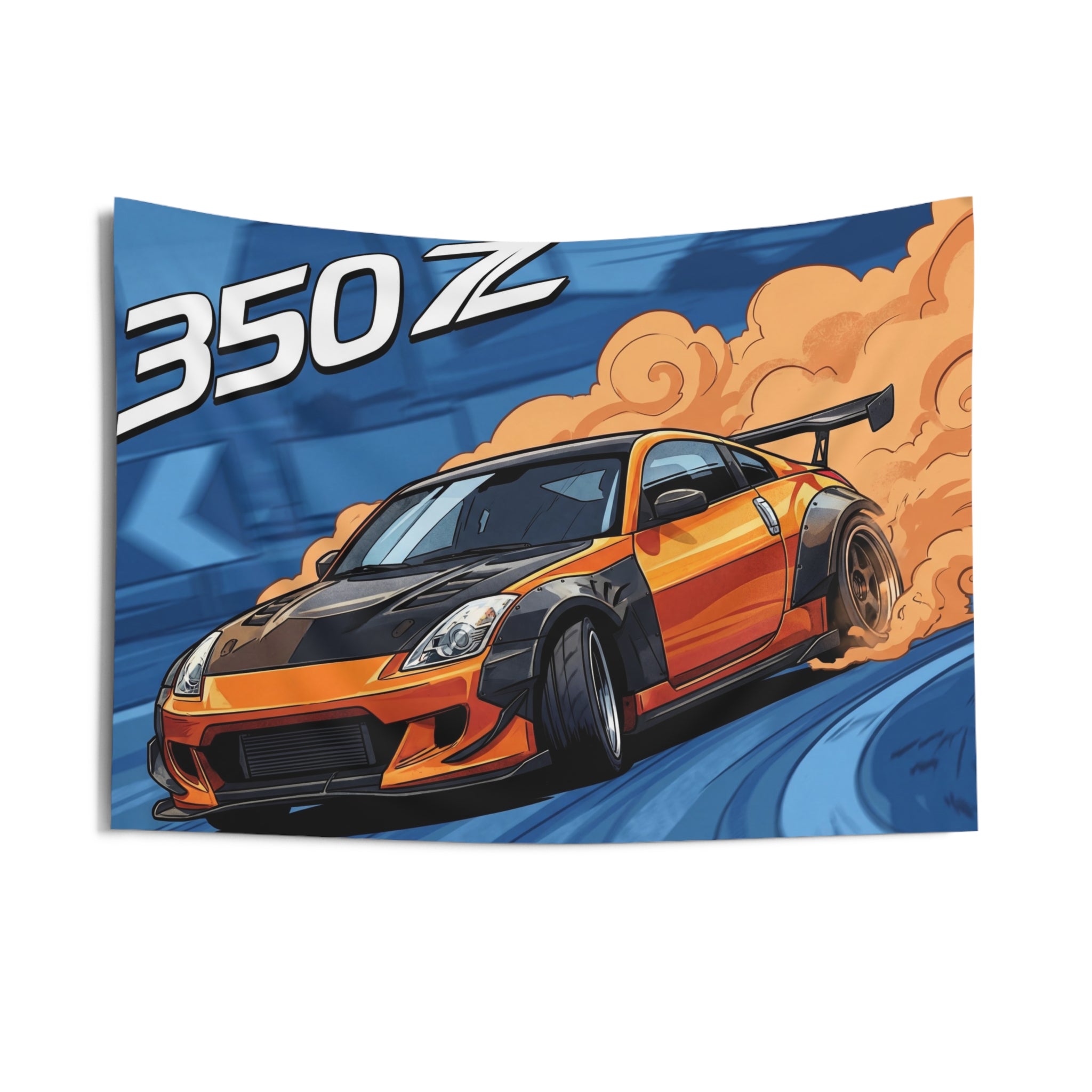 Nissan 350Z Drift Tyre Smoke Orange Pop Art Car Wall Art Tapestry