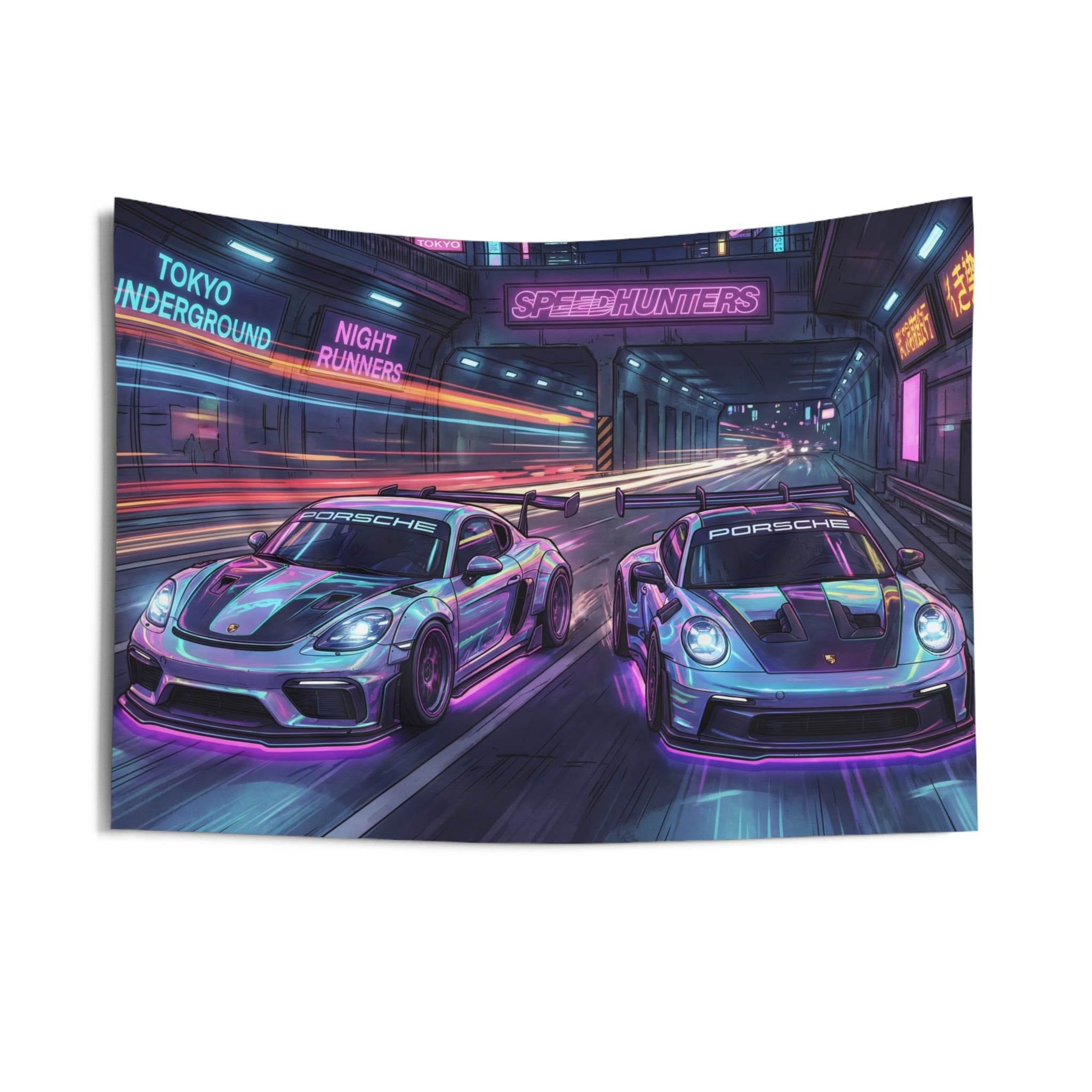 Porsche Cayman GT4 & 911 GT3 Cyberpunk Neon Car Wall Art Tapestry
