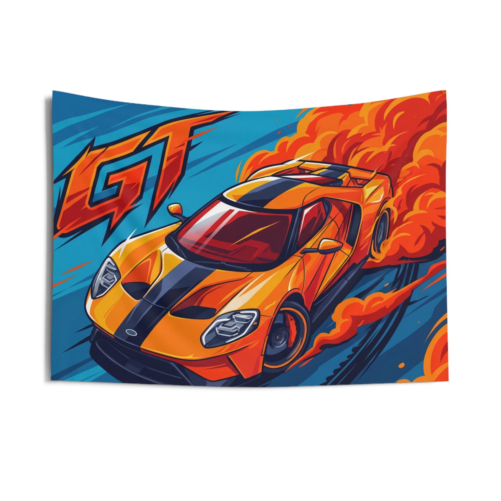 Ford GT Orange Blue Racing Stripe Aerial Bold Graphic Car Wall Art Tapestry