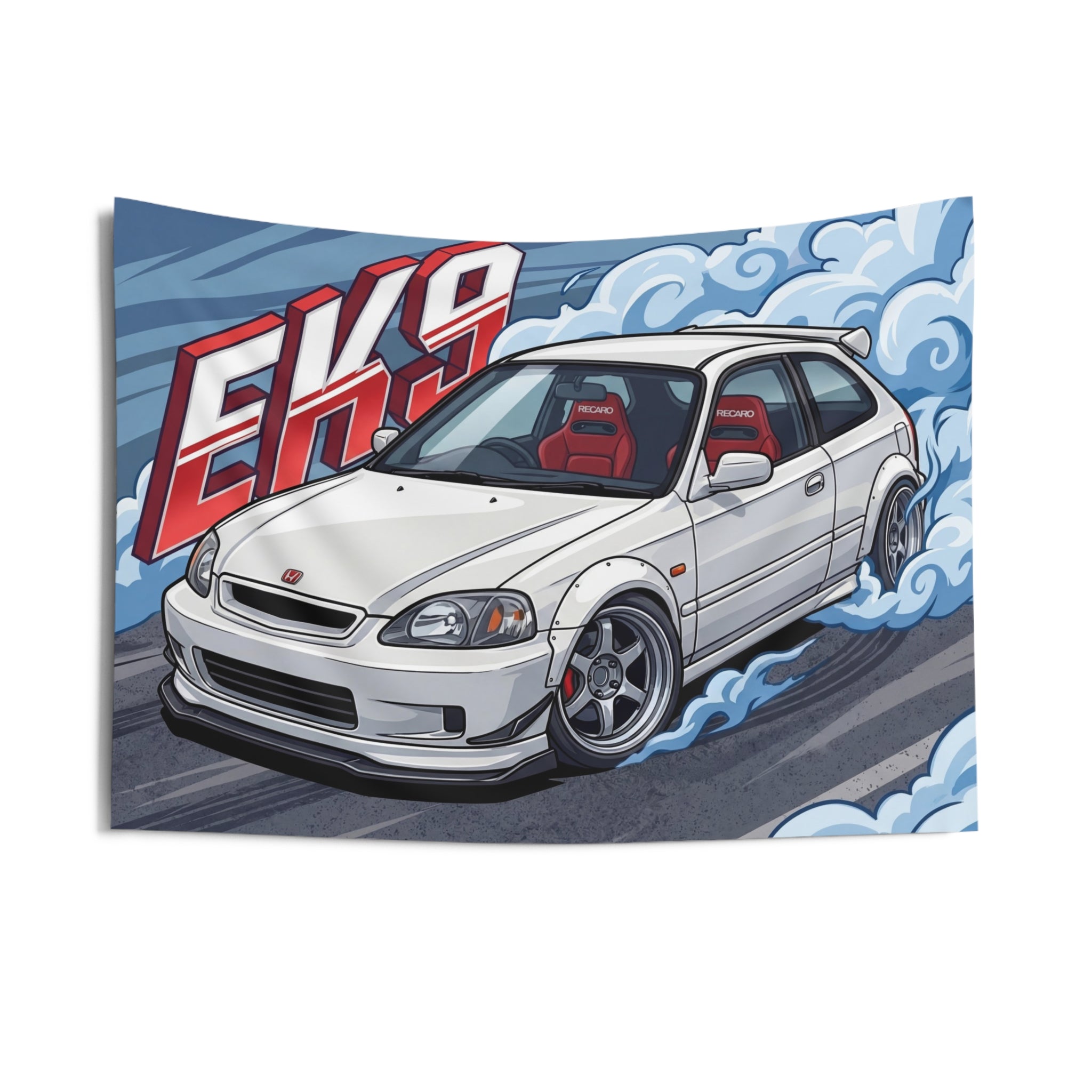 Honda Civic Type R EK9 White Red Recaro Interior Silver Wheels Low Front Bold Graphic Car Wall Art Tapestry