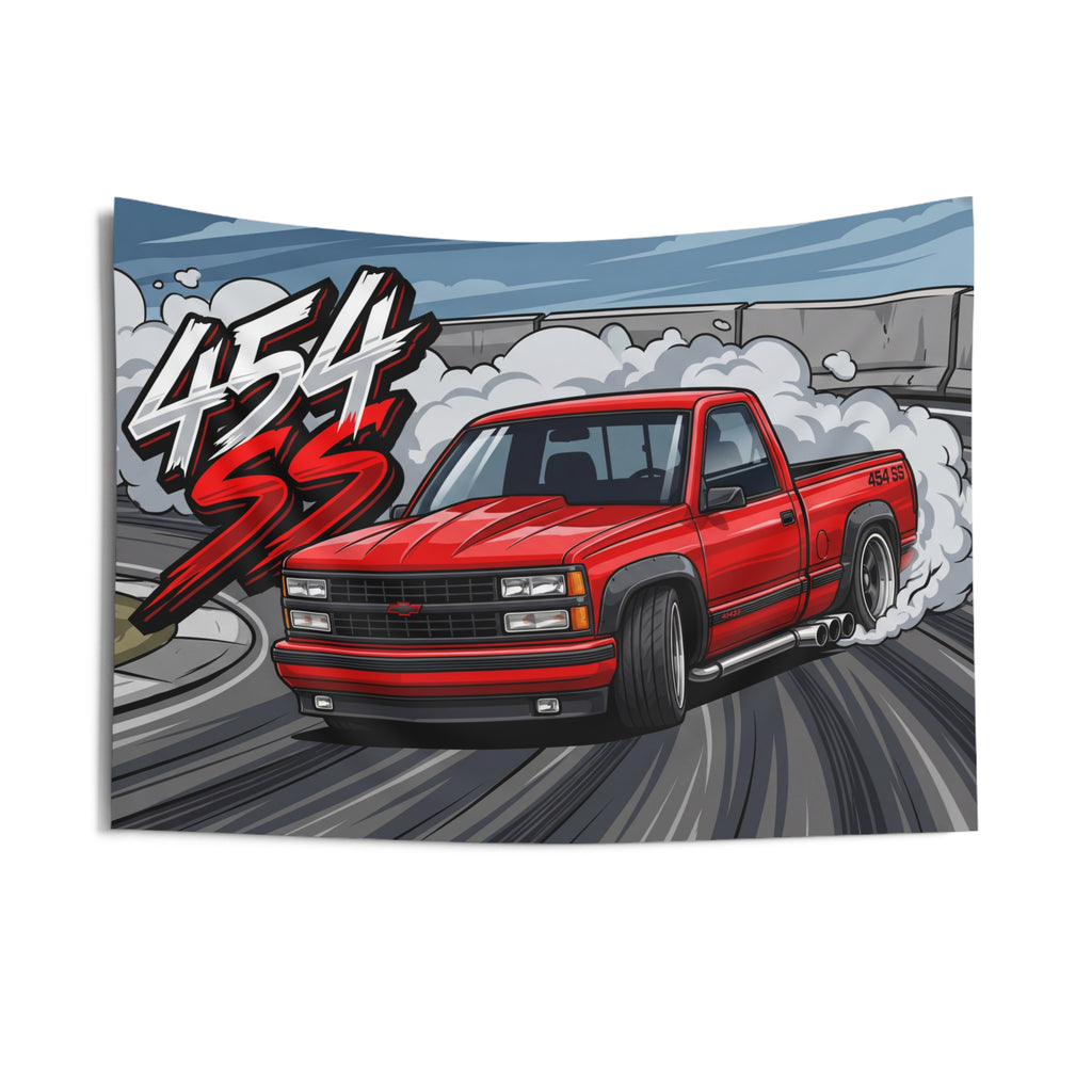 Chevrolet 454 SS Pickup Red Black Trim Dark Wheels Drag Strip Burnout Bold Graphic Car Wall Art Tapestry