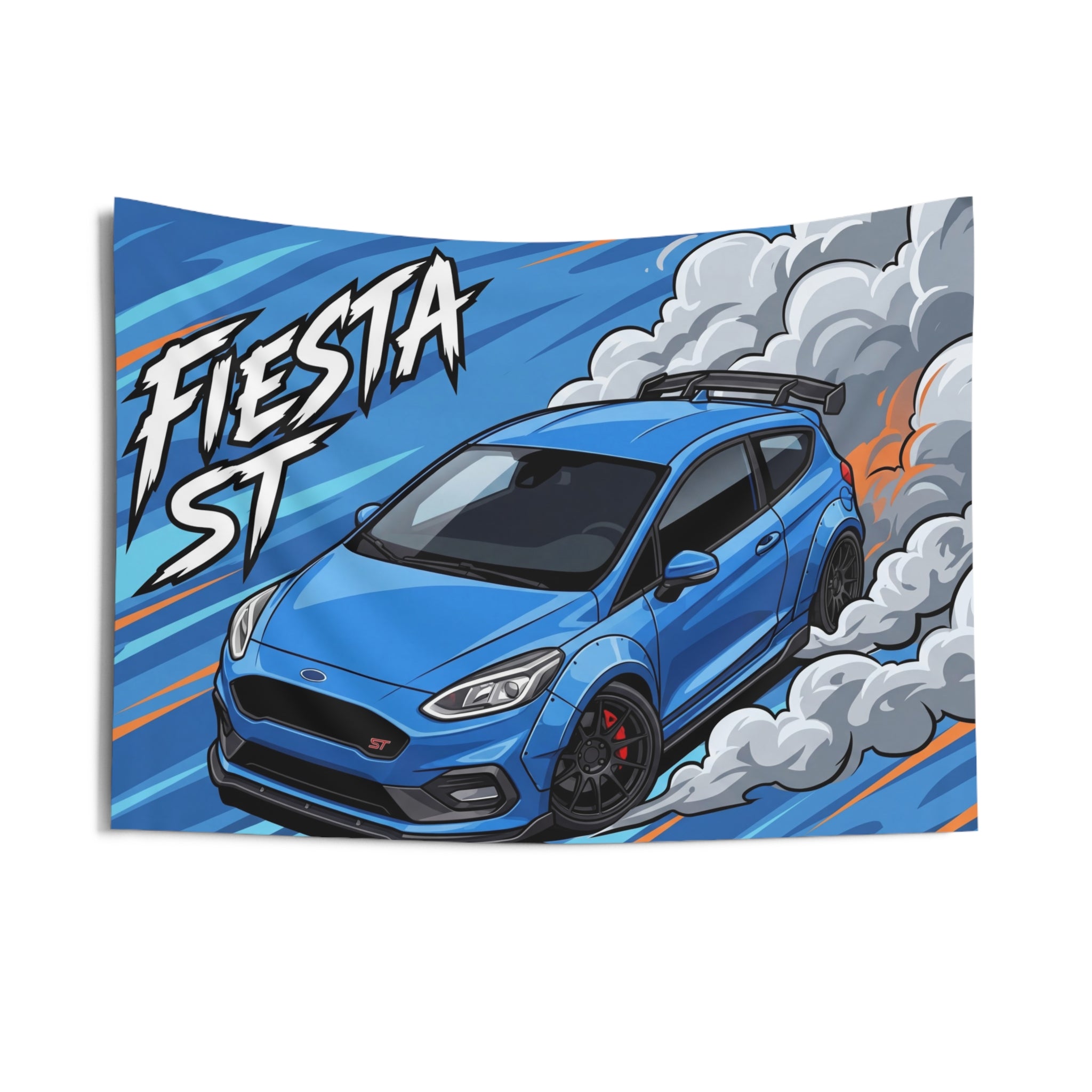 Ford Fiesta ST MK8 Blue Roof Spoiler Dark Wheels Aerial Bold Graphic Car Wall Art Tapestry