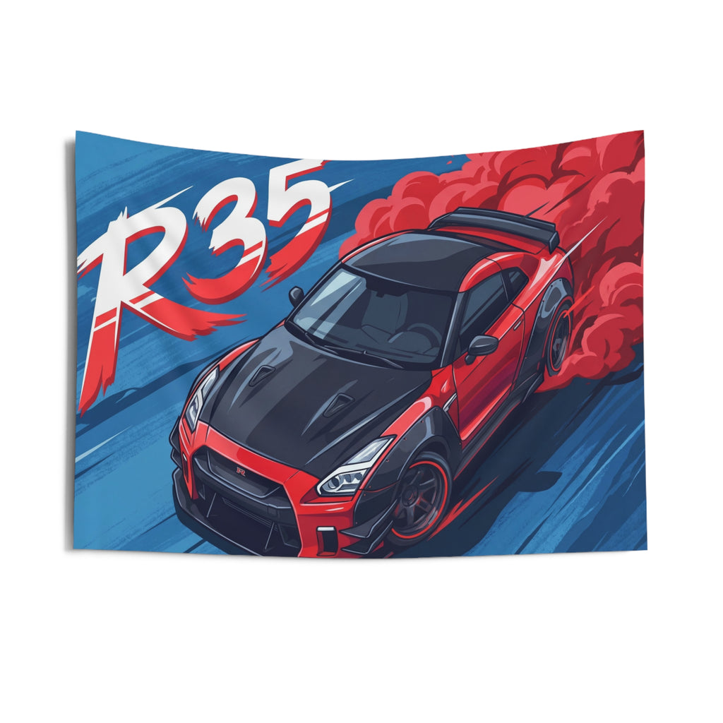 Nissan GT-R R35 Red Widebody Aerial Bold Graphic Car Wall Art Tapestry